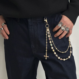 European and American Pearl Pants Chain Accessories Men's Hip-Hop Niche High-Level Cross Pendant Waist Chain Cross-Border Jeans Accessories