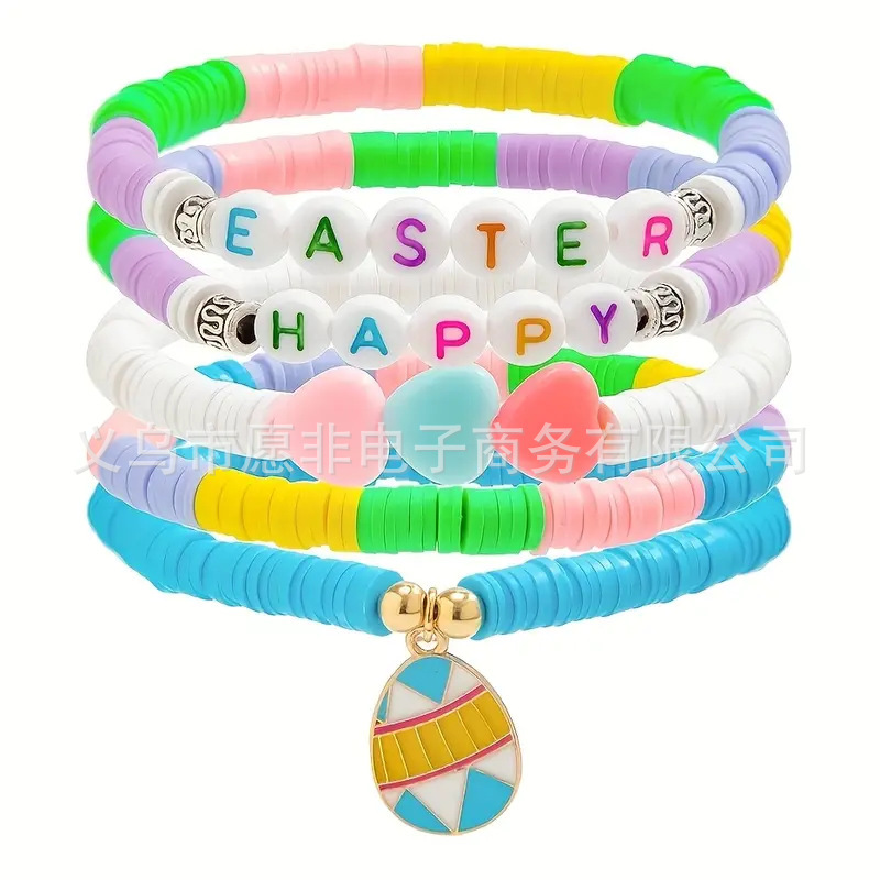 Cross-border Hot Selling Easter Jewelry Colorful Soft Pottery Cute Bunny Letter Stretch Bracelet as a Gift for Friends