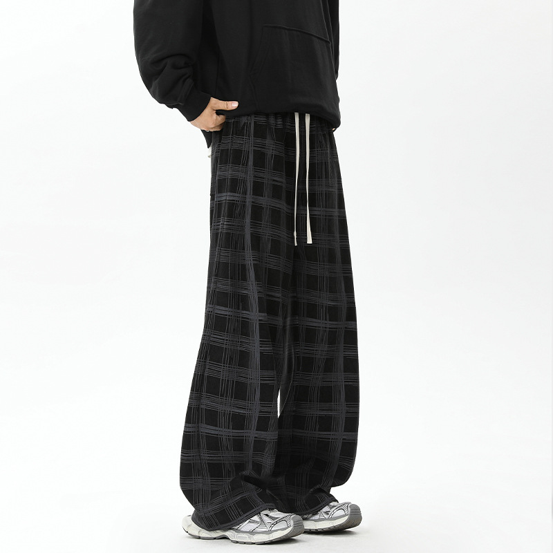 -style American Plaid Casual Pants For Men, Autumn Trendy Corduroy Loose-fit Plus-size Straight Wide-leg Trousers_voghion.com