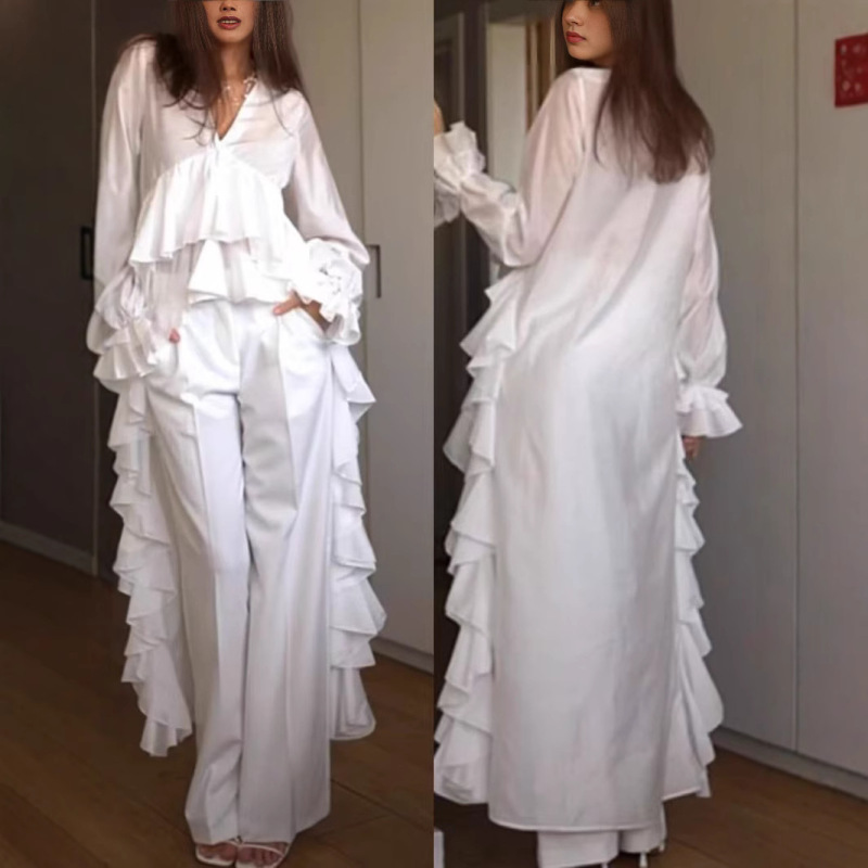 European and American Clothing 2025 Spring and Summer New Sweet and Fresh V Neck Long-Sleeved Asymmetrical Hem Shirt Women's Top