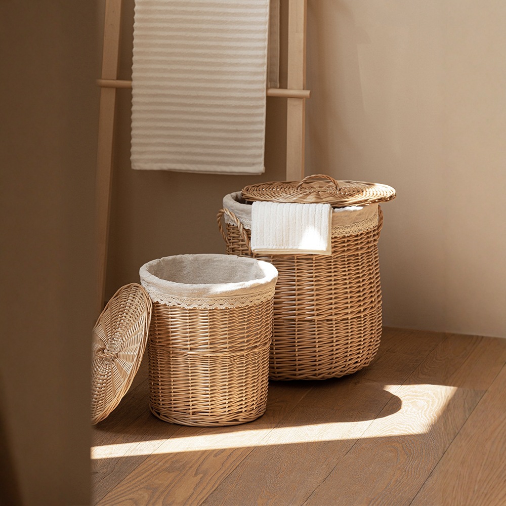 Cesta de ropa sucia personalizada con cubierta de sauce tejida a mano de doble mango cesta de almacenamiento de ropa de baño de alojamiento