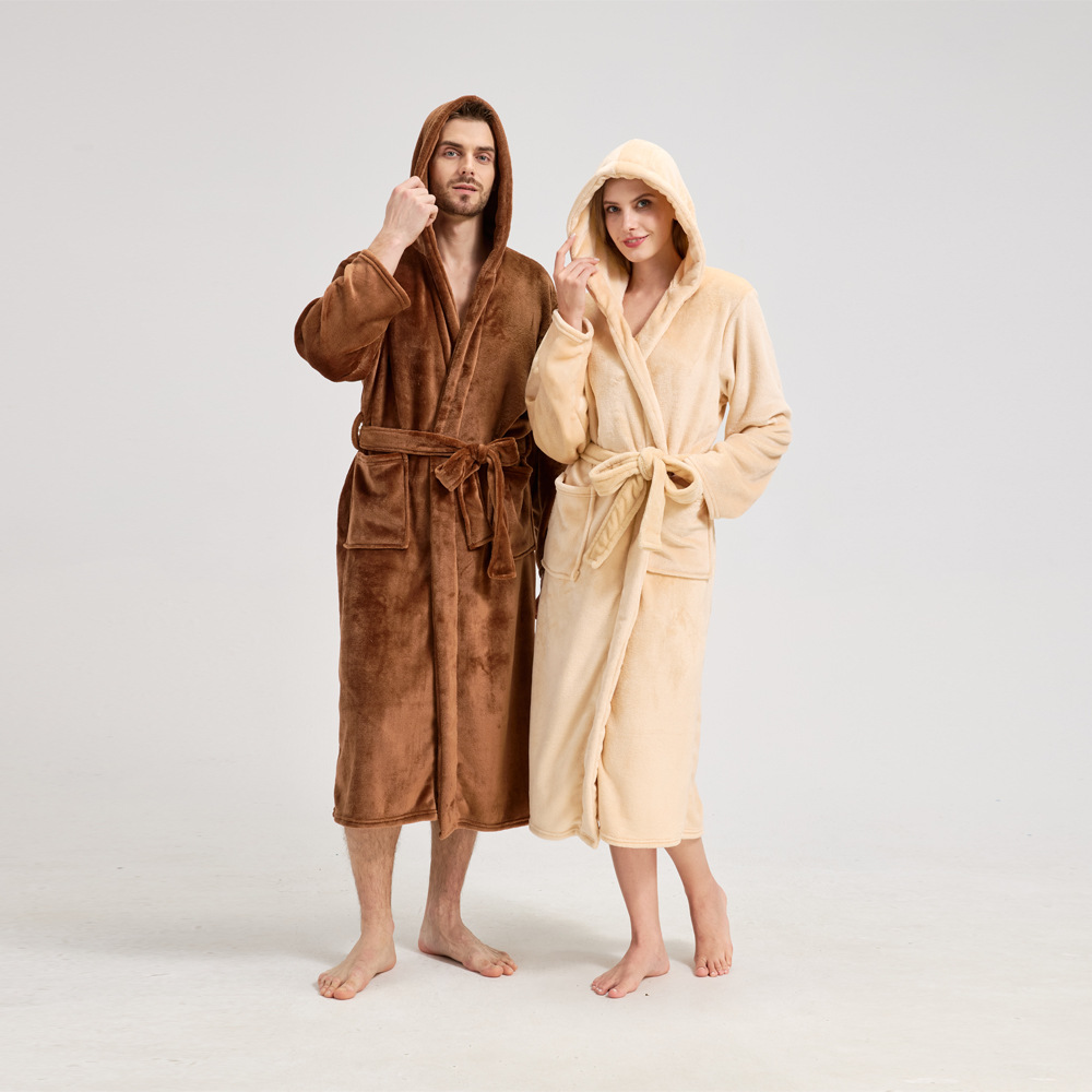 Bata de Baño Larga con Capucha para Pareja de Franela Térmica y Cómoda para el Hogar image 1
