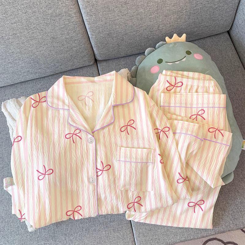 Spring new bow high value pajamas women's long sleeve suit autumn girl wrinkled cloth home clothes wholesale