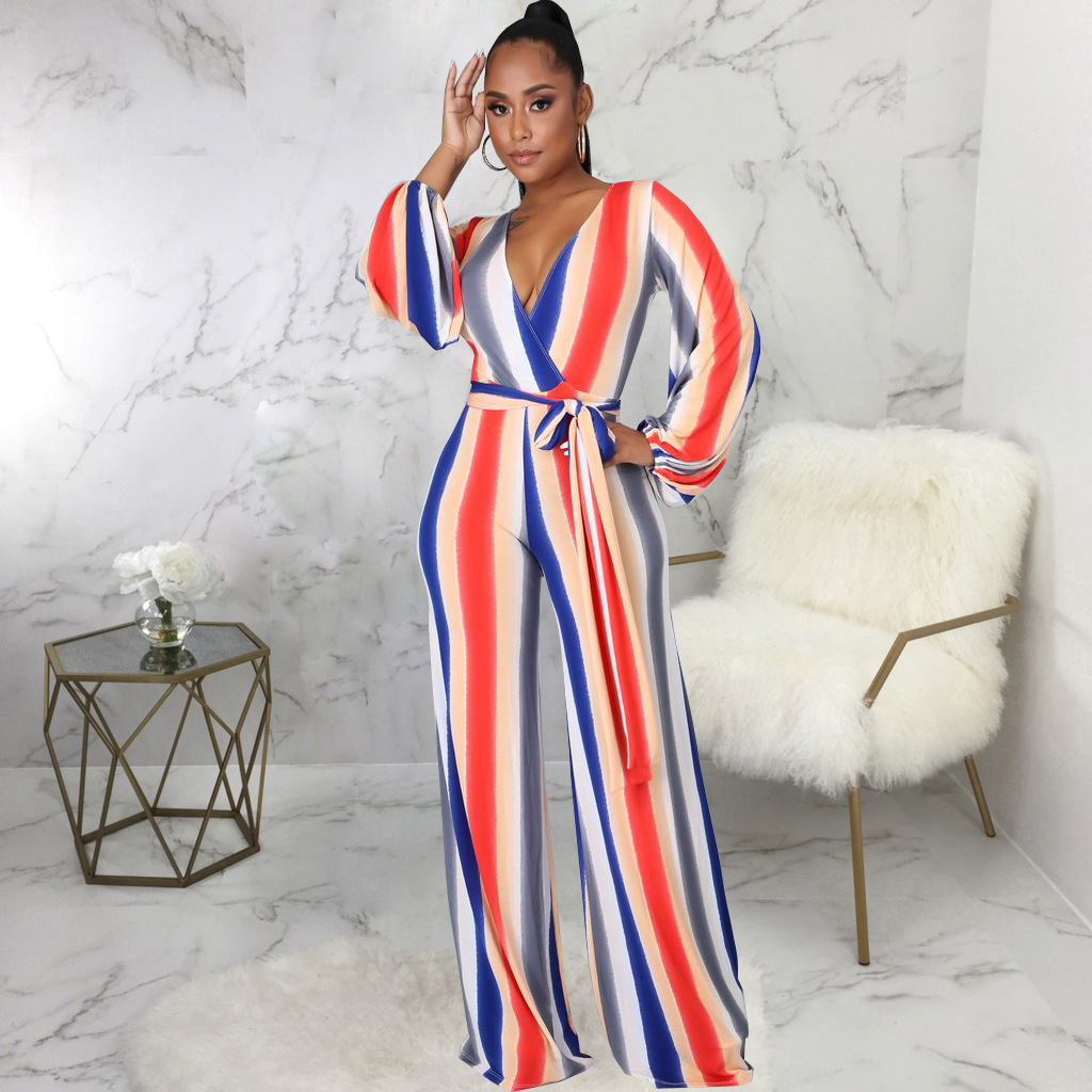 Stripe Print V-Neck Long Sleeved Jumpsuit NSMRF116557