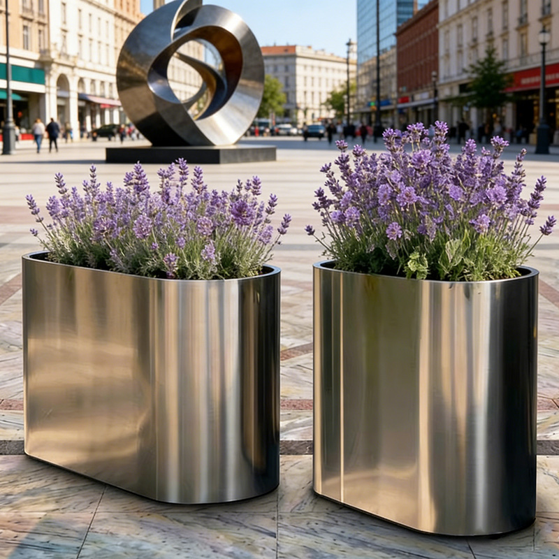 Caja de flores de acero inoxidable forjado al aire libre, sala de ventas, caja de flores de calle comercial, caja de flores de metal terminada, cerca de caja de flores