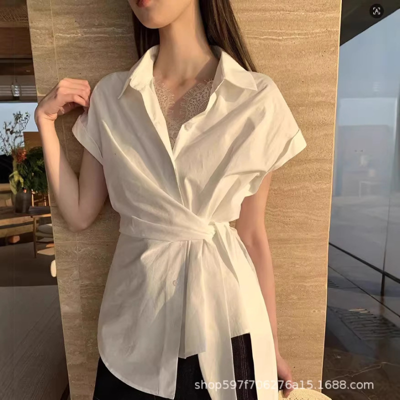 Irregular Two-Piece Lace Patchwork Short-Sleeve Shirt for Women 2026 New Style Elegant Lapel Tie Waist Top Trendy