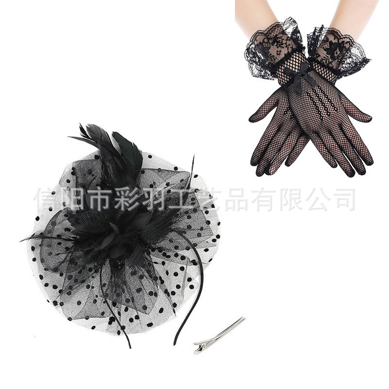 Cross-border best-selling feather mesh headpiece for dance performances and photo shoots, vintage veil polka dot face-covering top hat hair accessory