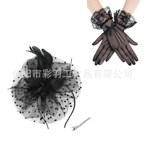 Cross-border best-selling feather mesh headpiece for dance performances and photo shoots, vintage veil polka dot face-covering top hat hair accessory