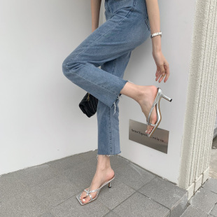 Soft Leather Cyber Celebrity Clip-toe High Heel Slippers Women's Summer Wear 2023 New Gentle Square Toe Sandals with Thin Heels