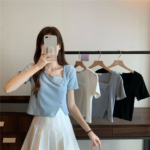 Irregular V-neck design for plump girls T-shirt summer new large size niche plain slimming body shaping top women's clothing 