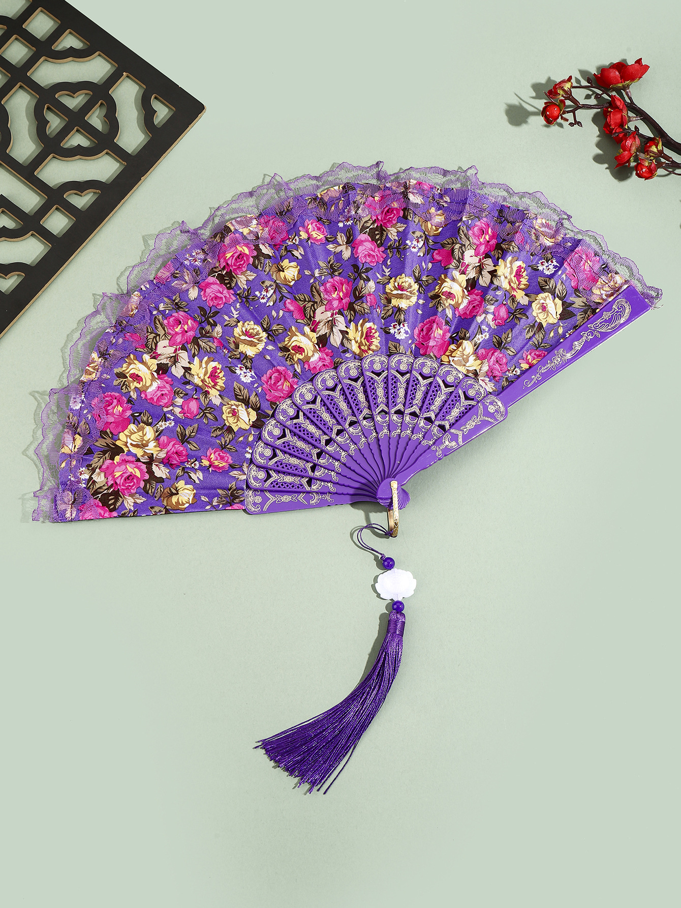 Abanico Plegable de Algodón con Borlas y Encaje para Decoración image 10