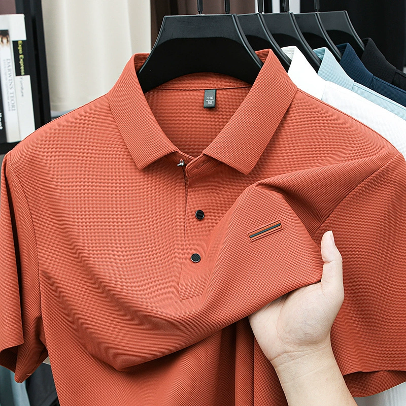 2025 новая парчи бесшовная поло рубашка с короткими рукавами мужской летний бизнес-досуг прохладный против морщин шелк футболка с половиной рукава