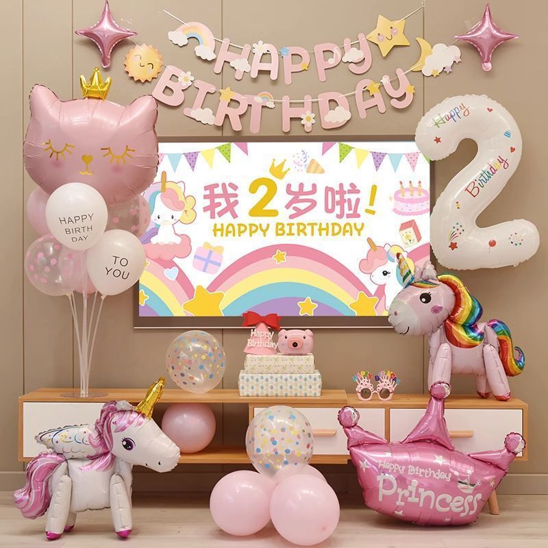独角兽女孩生日装饰场景布置电视投屏儿童周岁卡通背景墙宝宝套餐|undefined