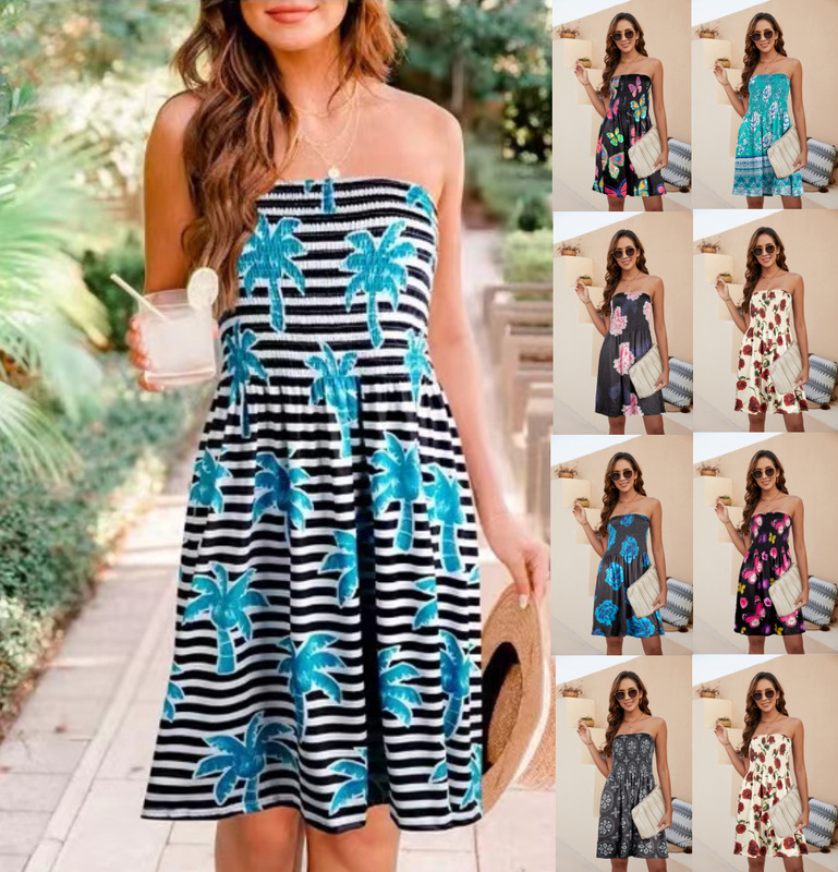 Self-developed 2023 Summer Beach Dress Floral Midi Dress Bohemian Strapless Printed Wrap Self-developed 2023 Summer Beach Dress Floral Midi Dress Bohemian Strapless Printed Wrap