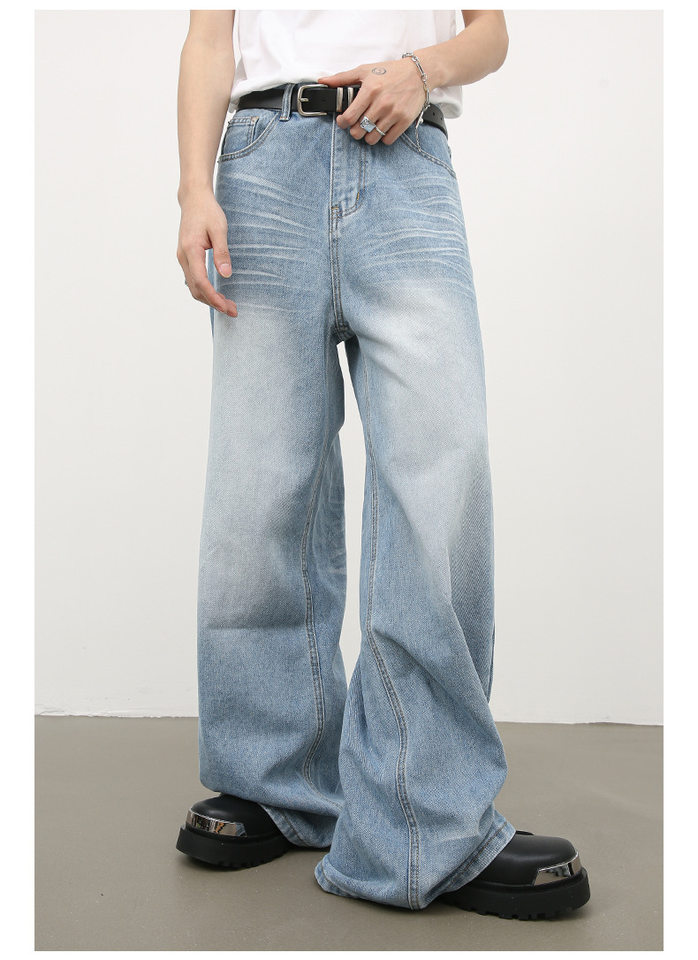 Quần jean nam ống đứng dáng suông rộng, vải denim giặt nước hiệu ứng nếp gấp, phong cách đường phố — Màu xanh lam chi tiết 14