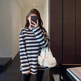 慵懒时髦 加绒加厚保暖宽松中长款蓝白条纹卫衣女上衣秋冬新女