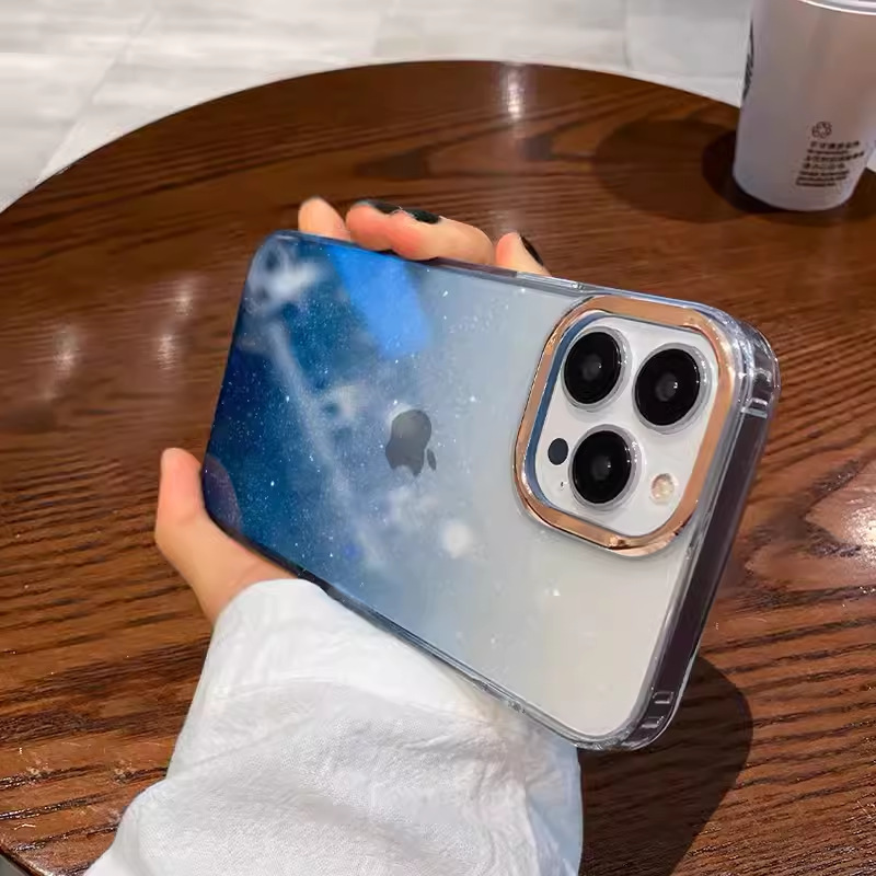 Apple 17 Pro Max用星空グリッターグラデーションスマホケース、iPhone 16用電気メッキレンズリングPC保護ケース|undefined