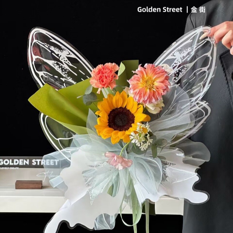 新款水晶蝴蝶花束包装纸创意彩蝶opp材质包花造型纸花店花艺批发1