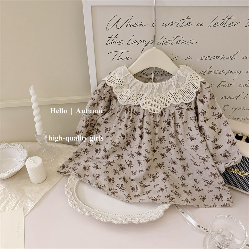 [Qi] ropa infantil coreana bebé primavera y otoño 2025 encaje muñeca color curry cuello dulce vestido de princesa moda