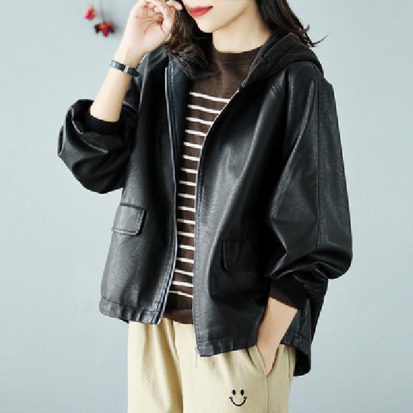 连帽皮衣外套女2025秋冬新款大码宽松夹棉棒球服百搭休闲夹克上衣|undefined