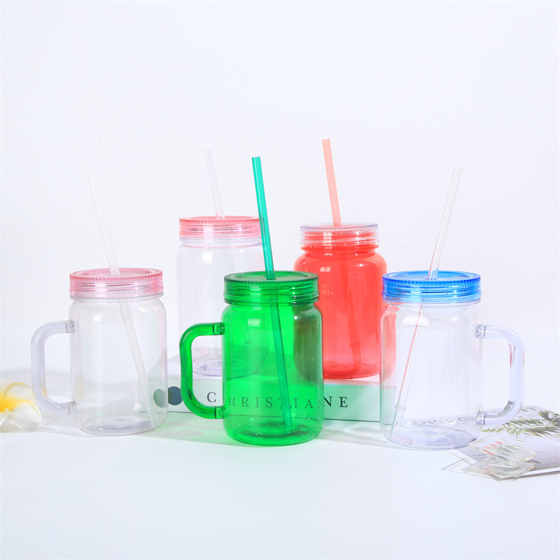 欧美纯色塑料公鸡杯带手柄 批发双层塑料梅森瓶日常随手杯带吸管