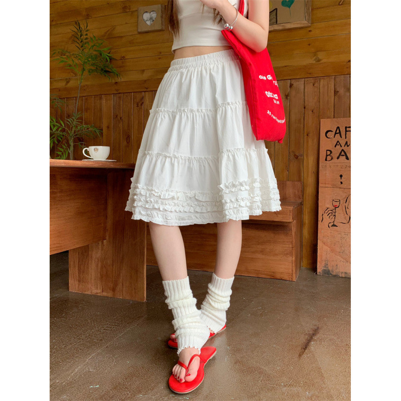 Sweet Heavy-Duty Ruffle Hem Midi Skirt for Women, New Summer White High-Waisted A-Line Tiered Skirt for Petite Figures