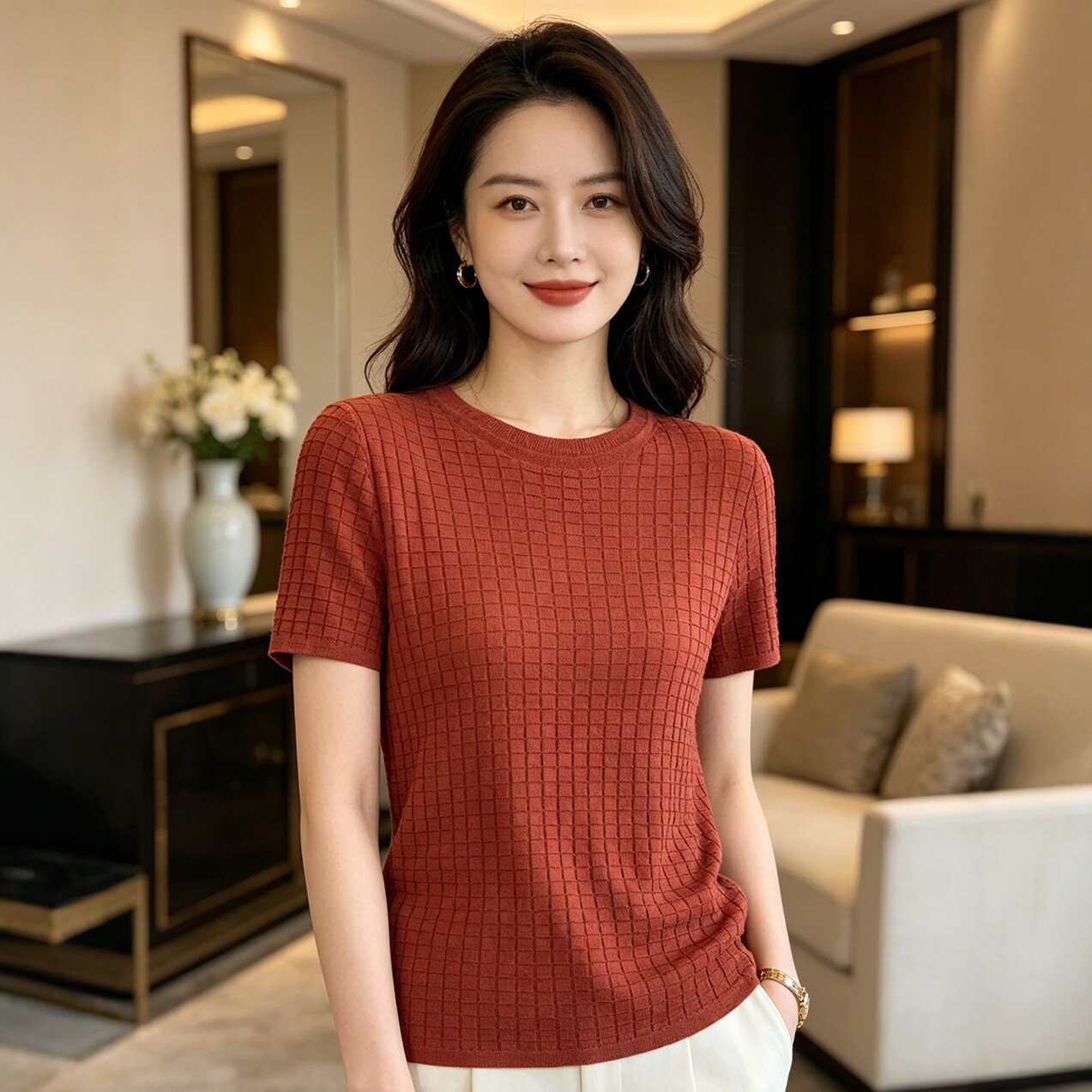 2026春夏新款圆领针织短袖T恤女修身莱塞尔上衣百搭时尚潮流1355