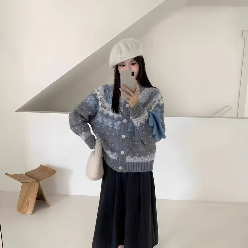北欧复古费尔岛提花针织开衫女秋冬新款甜美宽松慵懒风毛衣外套厚|undefined