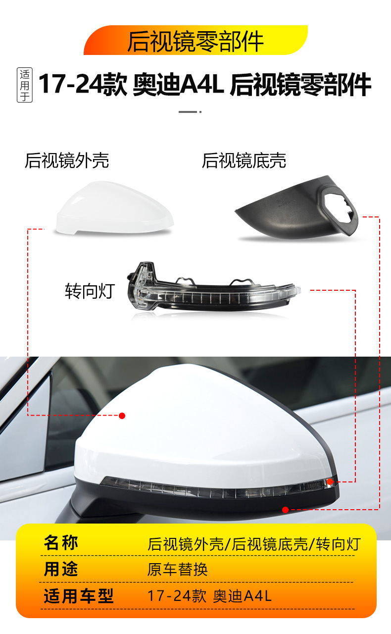 Suitable for 17-24 Audi A4L rearview mirror housing, A5 reflector lens, A4L reversing mirror, turn signal base shell