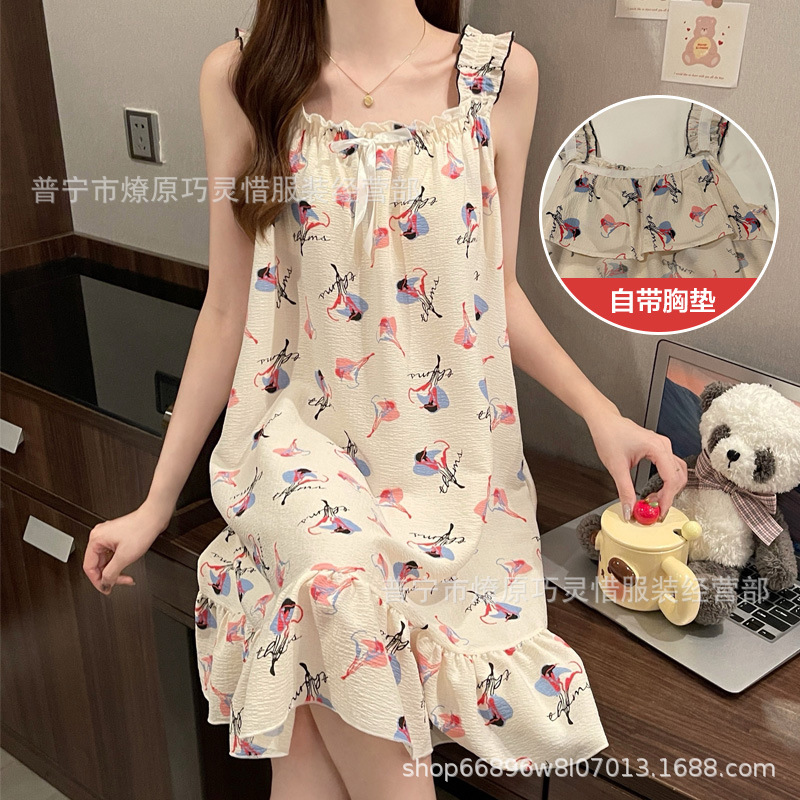 Pijama de cabina para mujeres polvo de cereza de verano algodón trenzado cojín de pecho pijama largo viento rojo de primavera y verano ropa para el hogar