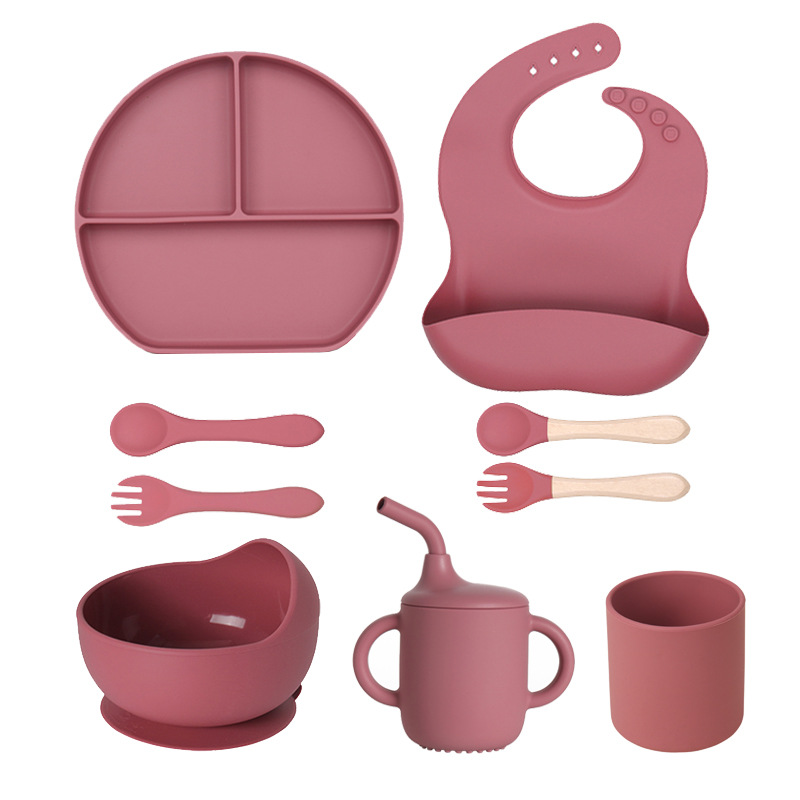 Precio bajo de la fábrica libre combinación de silicona bebé placa niños suplemento alimenticio tazón cuchara taza de agua babero traje