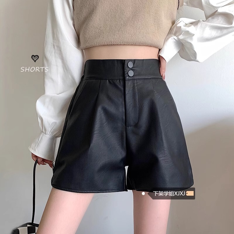 Pu Leather Black High-Waisted Suit Shorts for Women in Autum Thin Anti-Exposure Small Plus Size Slim Casual Wide-Leg Shorts