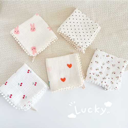 Korean style summer new baby saliva towel newborn square six-layer gauze bib wavy edge floral baby square towel