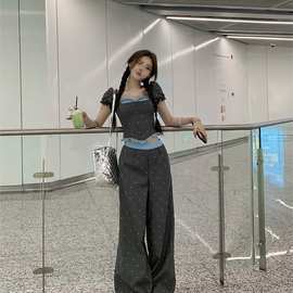 小个子甜辣学姐 法式波点套装女新款甜辣蕾丝边上衣休闲两件套女