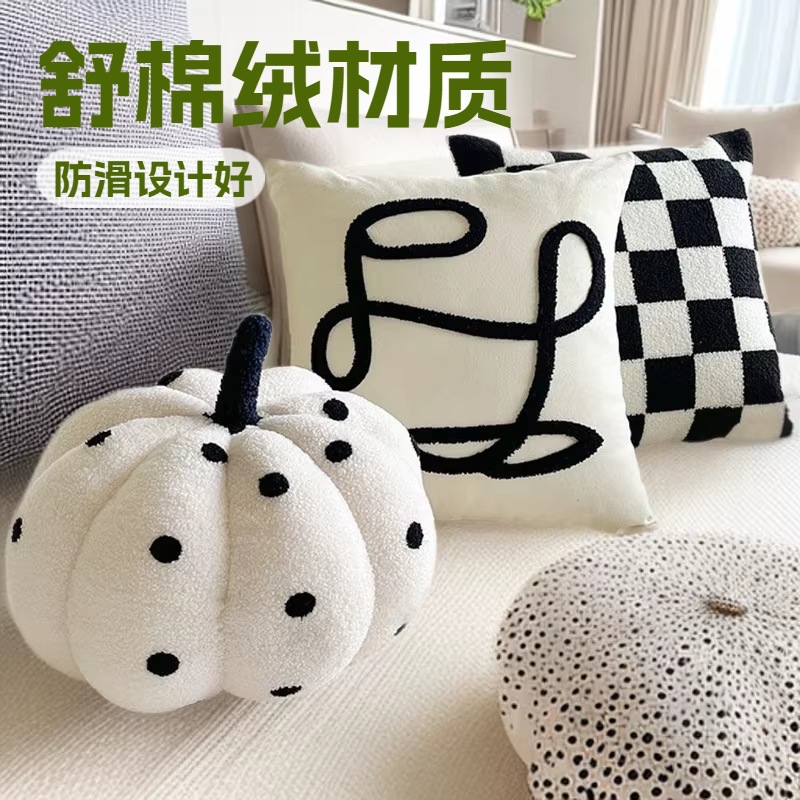 北欧简约ins风圣诞新年主题黑白棋盘格靠垫轻奢双面抱枕沙发批发