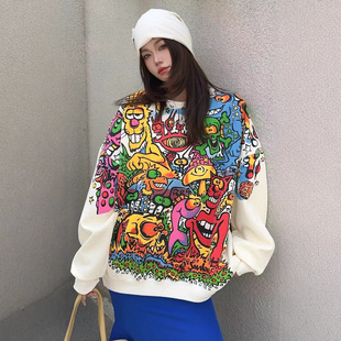 Fashion Graffiti Sweatshirt Dopamine Outfit Plus Size Women Autumn Design Painted Front and Back Cartoon Round Neck Top