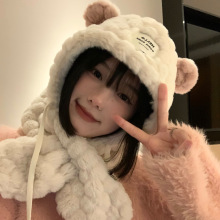 小熊护耳围脖一体帽大头围加绒加厚冬季保暖可爱帽子女高品质帽子
