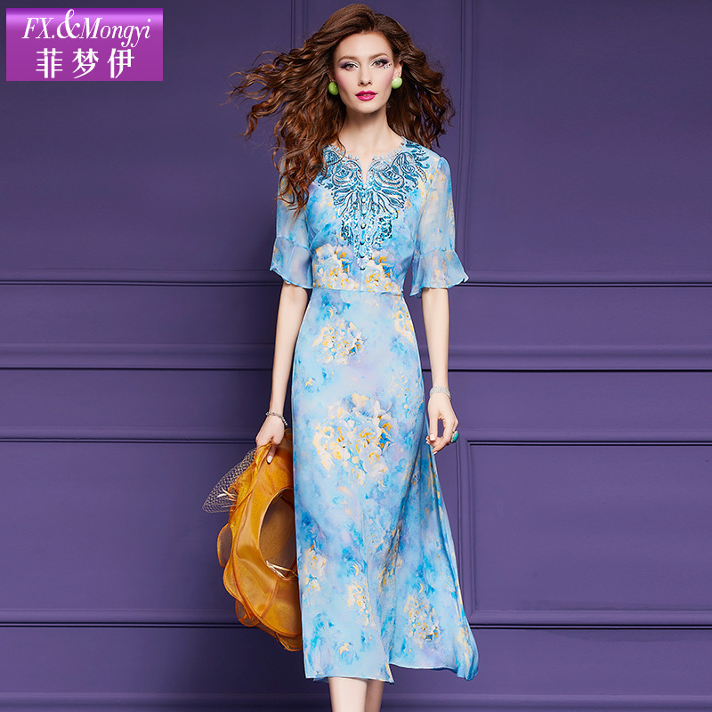 Fimoni 100 Mulberry Silk Embroidered dress Women's Summer Original High-end Printed Blue Silk Holiday Skirt Fimoni 100 Mulberry Silk Embroidered dress Women's Summer Original High-end Printed Blue Silk Holiday Skirt