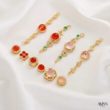 镶嵌天然红玉髓粉玉髓铜镀18K真金保色花式隔珠加长链diy手作配件