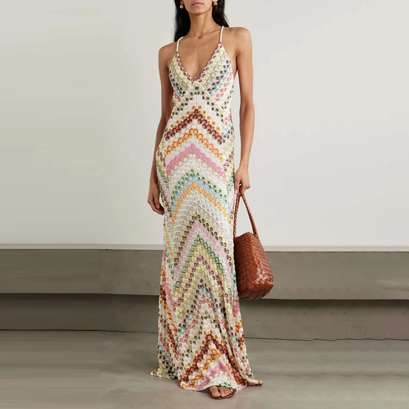 Bohemian Style Hip-Hugging Dress 2026 New V-Neck Strapless Sleeveless Waist-Cinching Slimming Printed Long Dress for Women