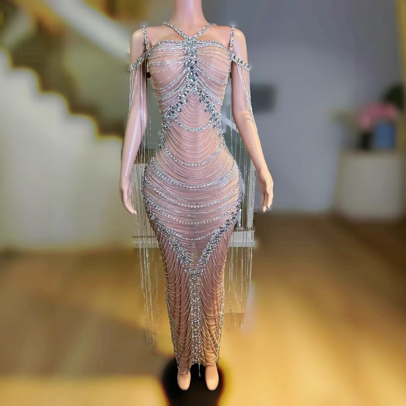Women's Mesh Silver Chain Tassel Dress with Straps and Slit Evening Gown Long Dress Women's Fishtail Silver Light Women's Mesh Silver Chain Tassel Dress with Straps and Slit Evening Gown Long Dress Women's Fishtail Silver Light