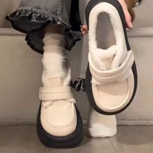 加绒厚底小皮鞋子女年新款秋春夏英伦风大头浅口保暖加厚棉鞋