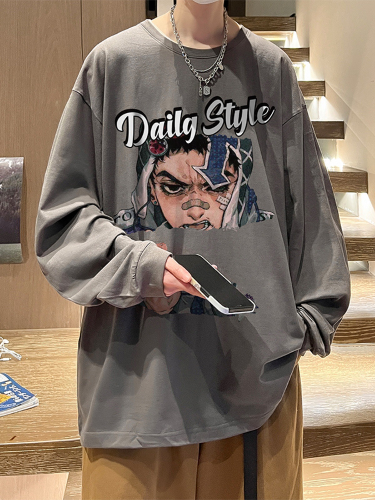 ワインレッド純綿長袖tシャツ男子秋潮牌大サイズ丸首底シャツアニメプリント重ポンド上着