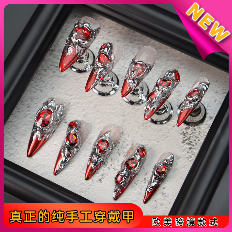 European and American Style Red Handmade Wearable Nails with Liquid Silver Thread and Ruby Protection, Nail Art for Autumn and Winter, Long Pointed Nail Tips That Make the Skin Look Fairer