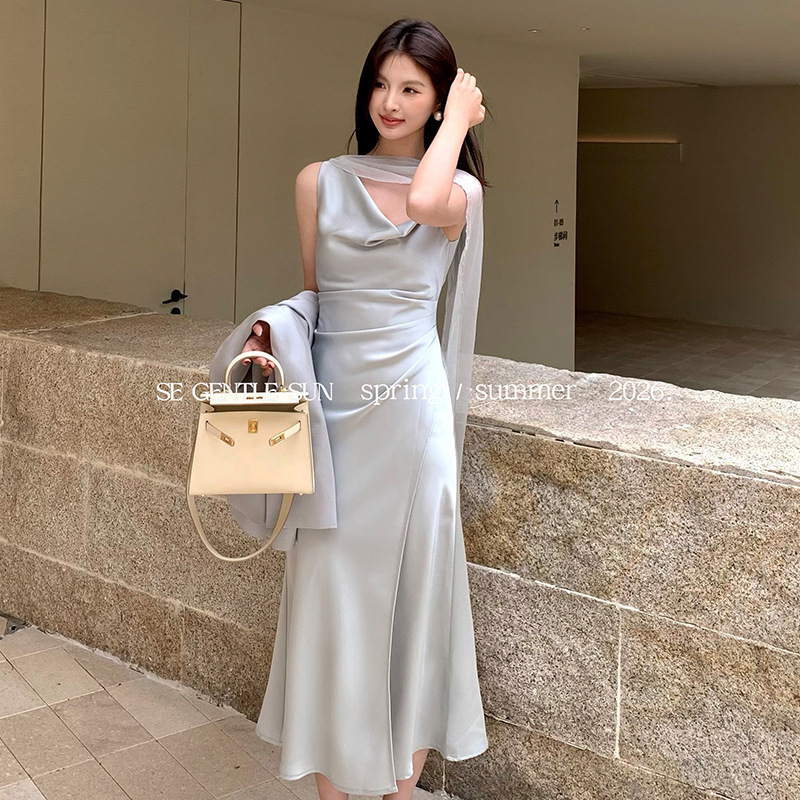 Xiu Xixi 2026 Spring New White Label Ribbon Satin Elegant Strap Dress High-End Long Dress 88518