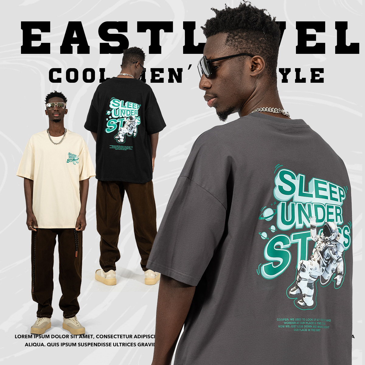 China-Chic Astronaut Printed Men's Short Sleeve T-shirt 220g Loose Large Street Hip Hop Couple Backing Shirt_voghion.com