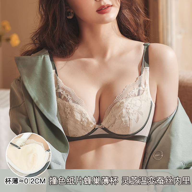 6096 Large Bust Minimizing Silk Honeycomb Thin Cup Memory Titanium Ring Ganoderma Modal Underwear Women's Bra Set Slimming