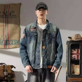 美式复古贴标牛仔外套男韩版修身潮牌欧美街头夜店骑行机车服夹克