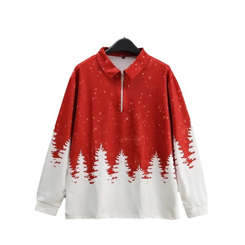 Simple rojo y blanco color de contraste año nuevo árbol de Navidad impresión 3D hombres calle todo fósforo hombro de manga larga cremallera camisa POLO