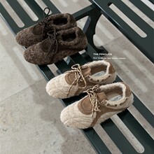 风莉雅2025年秋冬新款时尚百搭平底加绒系带休闲保暖毛毛鞋德训鞋